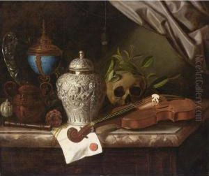 A Vanitas Still Life With A 
Violin, A Recorder, A Skull Draped With Laurel Branches, A Silver Ginger
 Jar, A Sugar Pot, A Standing Cup And Cover With Silver-gilt Mounts, A 
Silver Chased Dish And A Letter With A Red Seal, All On A Marble Ledge
