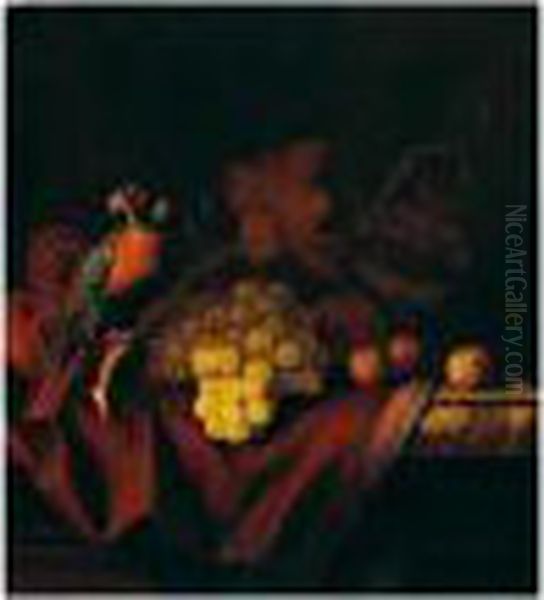 A Still Life Of Grapes And 
Walnuts With A Parrot On A Marble Ledge, Draped With A Fringed Cloth - view 1
