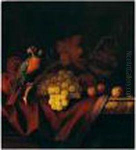 A Still Life Of Grapes And 
Walnuts With A Parrot On A Marble Ledge, Draped With A Fringed Cloth