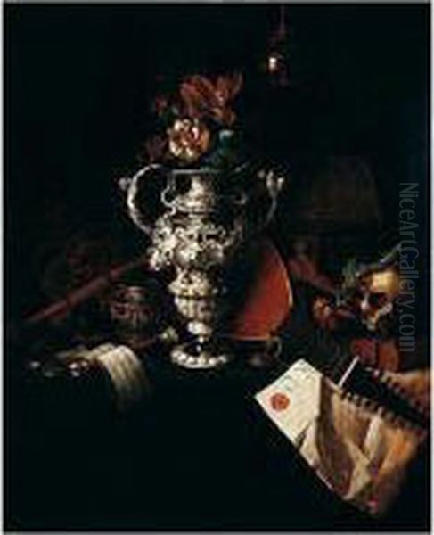 A Vanitas Still Life With
Flowers In An Elaborate Silver Urn, A Lute And Other Musical
Instruments, A Crown And Sceptre, A Skull, Globe, Book, Pocket Watch,
Lacquer Box, Coins And A Letter, All Arranged On A Cloth-covered Table, A
Glass Ball Suspe - view 1