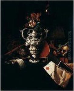 A Vanitas Still Life With 
Flowers In An Elaborate Silver Urn, A Lute And Other Musical 
Instruments, A Crown And Sceptre, A Skull, Globe, Book, Pocket Watch, 
Lacquer Box, Coins And A Letter, All Arranged On A Cloth-covered Table, A
 Glass Ball Suspe