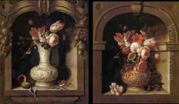 Still Life Of A Bouquet Of Flowers In A Vase In A Niche: A Pair Of Paintings - view 1