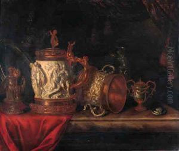 A Pronk Still Life With A Gilt 
Dish, A Gilt Cup And Cover, A Bronzesculpture Of A Seated Putto, An 
Ormulo Mounted Carved Ivorytankard, A Silver Gilt Ewer And A Medal On A 
Marble Ledge By Acurtain - view 1
