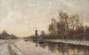 Hollandische Flusslandschaft Mit Windmuhle Im Winter
