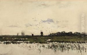 Mills In A Polder Landscape by Fredericus Jacobus Van Rossum Du Chattel