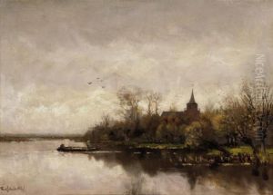 A Church In A River Landscape by Fredericus Jacobus Van Rossum Du Chattel