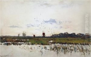Windmills In A Polder Landscape by Fredericus Jacobus Van Rossum Du Chattel