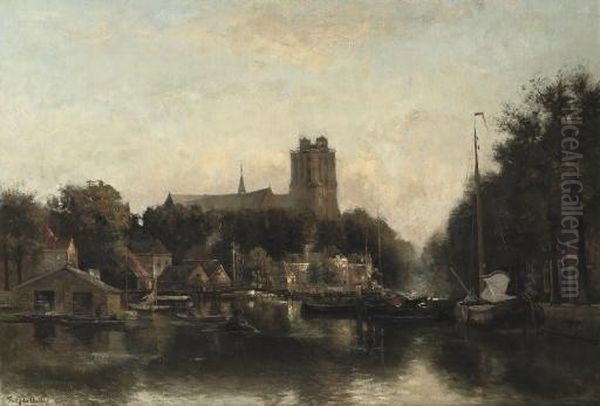 The New Harbour Of Dordrecht With The Grote Kerk Beyond - view 1