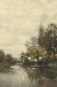 A Fisherman In His Boat Near A Drawbrigde