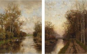 A Summer Evening; An Autumn Sunset (a Pair) by Fredericus Jacobus Van Rossum Du Chattel