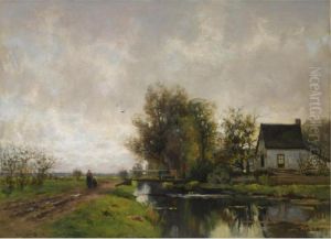 Figures Near A House On The Waterfront by Fredericus Jacobus Van Rossum Du Chattel