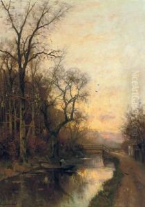 On The Canal At Sunset by Fredericus Jacobus Van Rossum Du Chattel