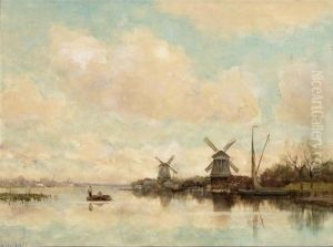 A River Scene With Windmills by Fredericus Jacobus Van Rossum Du Chattel