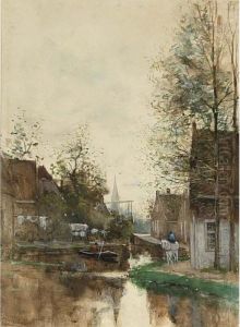 Villagers By A Waterway In A Dutch Town by Fredericus Jacobus Van Rossum Du Chattel