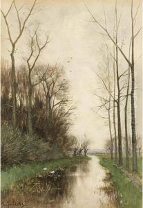 A Ditch In A Polder Landscape by Fredericus Jacobus Van Rossum Du Chattel