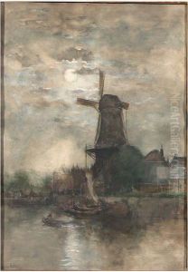 A Moonlit Windmill by Fredericus Jacobus Van Rossum Du Chattel