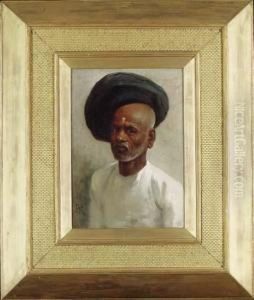 An Indian Tradesman, Possibly A Peshwa, Bust-length In White Tunicand Blue Turban by Horace Van Ruith