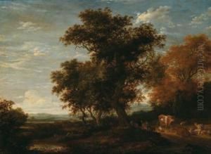 Mucche E Viaggiatori In Sosta 
Sotto Un Grande Albero In Un Paesaggio A Perdita D""""occhio
