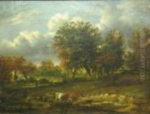 A Wooded Landscape With Cattle And Sheepwatering