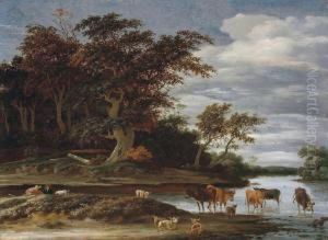 A Wooded River Landscape With Herdsmen, Cattle And Sheep