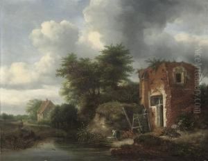 A Wooded River Landscape With A Washerwoman By A Cottage by Jacob Salomonsz. Ruysdael