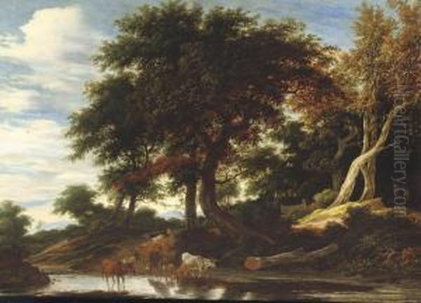 Cattle Fording A Stream In A Wooded Landscape - view 1