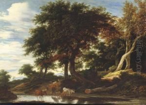 Cattle Fording A Stream In A Wooded Landscape by Jacob Salomonsz. Ruysdael