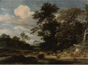 Wooded Landscape With Herd Animals Resting By A Pond by Jacob Salomonsz. Ruysdael