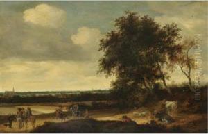 A Landscape With Cavaliers In The Foreground, A Church Beyond by Jacob Salomonsz. Ruysdael
