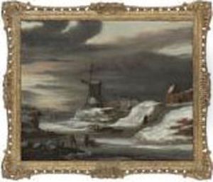 A Frozen River Landscape With Figures Resting By A Track, A Windmill Beyond by Jacob Salomonsz. Ruysdael