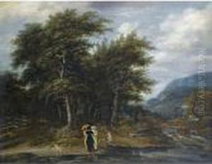 A Wooded Landscape With An Elegant Family And Their Hounds Beside A River A Wooded Landscape With An Elegant Family And Their Hounds Beside A River