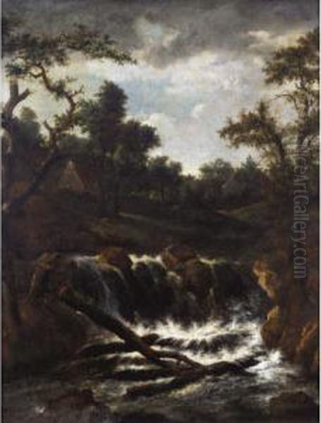 A Wooded Landscape With A Cascade, A Cottage Beyond - view 1