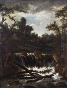 A Wooded Landscape With A Cascade, A Cottage Beyond A Wooded Landscape With A Cascade, A Cottage Beyond