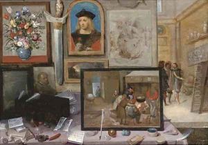 The interior of an artist's studio, with the artist showing his work in the background by Frans II Francken