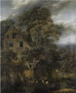 Landscape With Drovers Watering Their Animals Beside River Before A Cottage