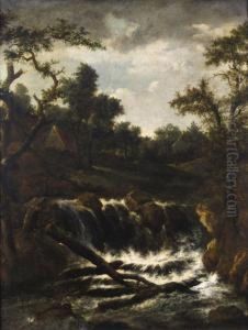 Wooded Landscape With A Cascade A Cottage Beyond by Jacob Salomonsz. Ruysdael