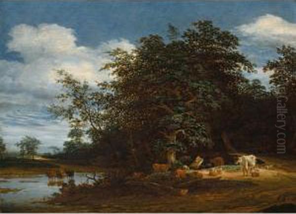 An Extensive Wooded River Landscape With Cattle And Sheep - view 1