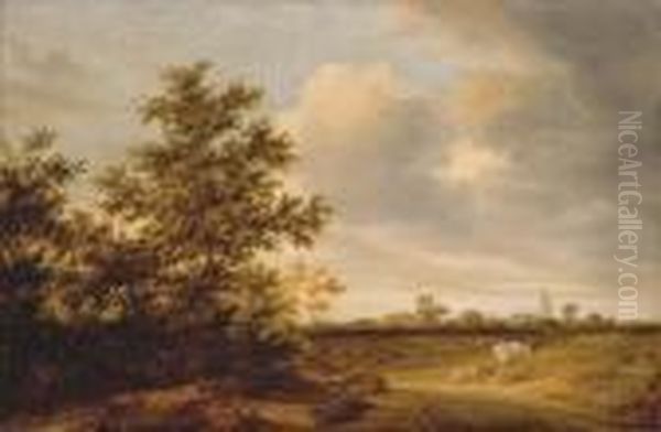 A Wooded Landscape With Cattle, A Church Beyond - view 1