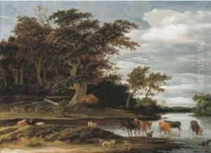 Herdsmen With Cattle And Sheep In A Wooded River Landscape