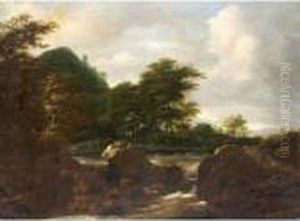 Woodland Landscape With Drovers And Their Animals Beside A Cascade
