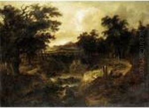 A Wooded River Landscape, With Figures On A Path By A Cascade by Jacob Salomonsz. Ruysdael