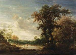 A Wooded Landscape With A Shepherd Watering His Herd In A Wallow by Jacob Salomonsz. Ruysdael