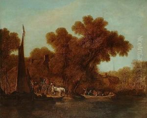 River Landscape With A Ferry In The Foreground