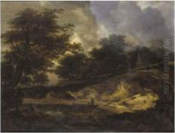 Landscape With Figures By A Boat At The Edge Of A River, A Cottage Beyond - view 1