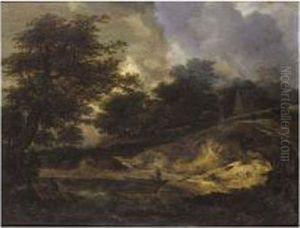 Landscape With Figures By A Boat At The Edge Of A River, A Cottage Beyond by Jacob Salomonsz. Ruysdael