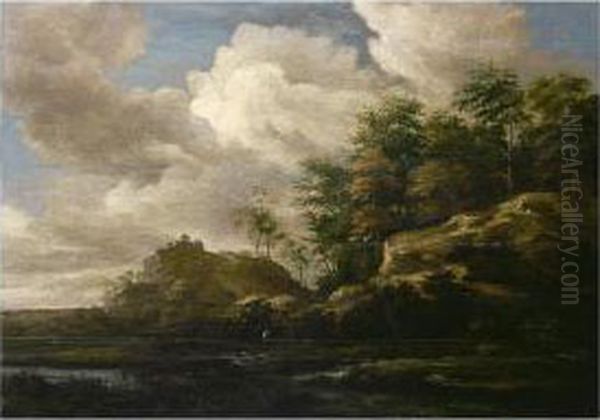 River Landscape With A Fisherman And A Traveller And His Dog - view 1