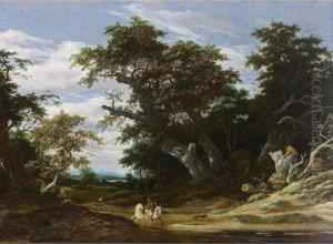 A Wooded Landscape With A Horseman With Another Horse On A Path Together With A Boy