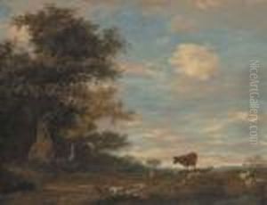 A Shepherd And His Dog Resting In A Wooded Landscape by Jacob Salomonsz. Ruysdael