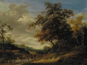 A Wooded Landscape With Herders Resting And Cattle And Sheep Grazing by Jacob Salomonsz. Ruysdael