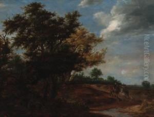 An Extensive Wooded Landscape 
With Travellers And A Beggar On Apath, Haarlem In The Distance